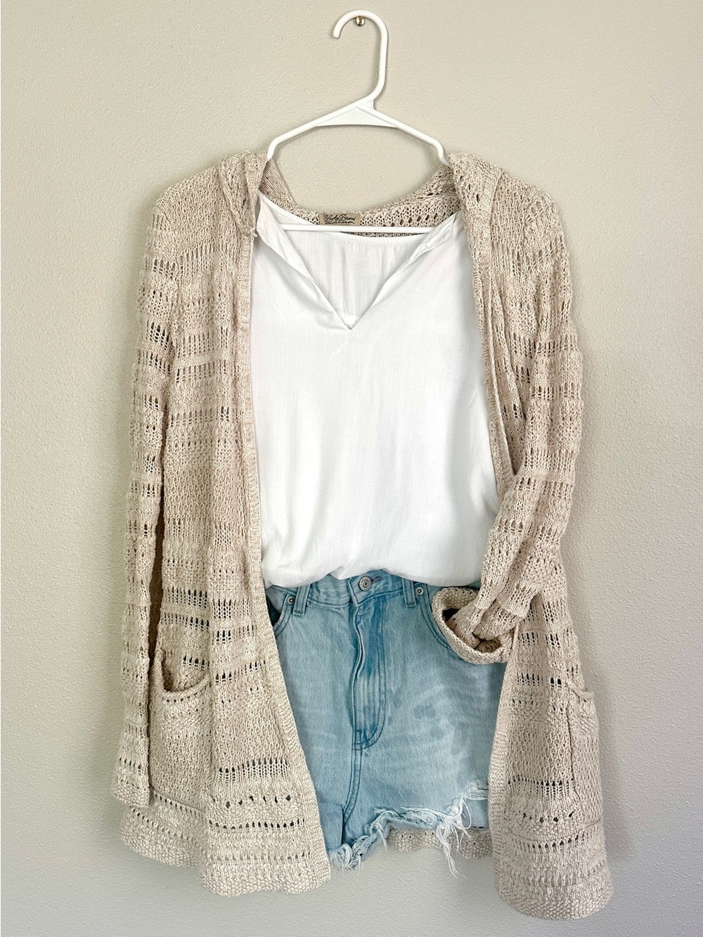 Lucky Brand XS Cream Crochet Hooded Cardigan | Boho Coastal Cottage Open Knit